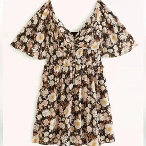 Abercrombie & Fitch Angel  Sleeve Smocked Waist Mini Dress Brown Floral Sz Small